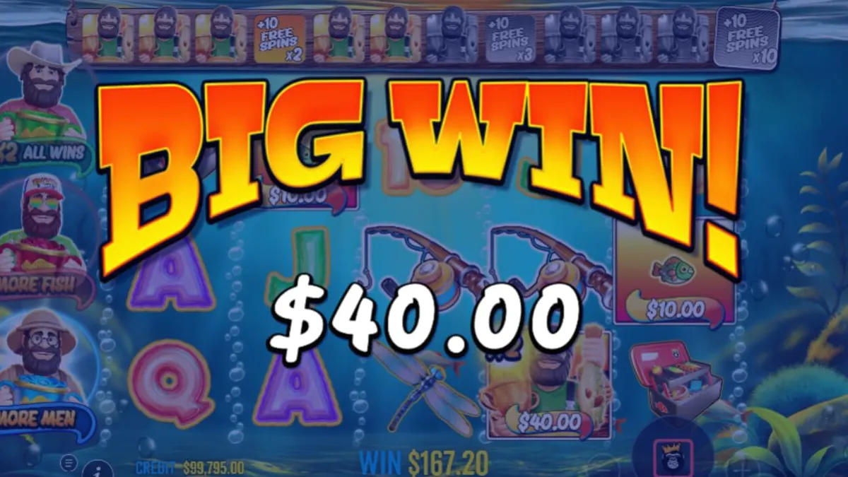 Tangkapan layar permainan slot Big Bass Trophy Catch dengan simbol ikan dan nelayan.