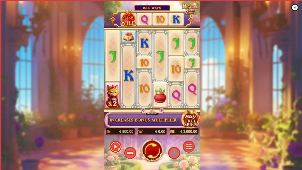 Tampilan visual slot Royal Paws Maxways dengan tema taman istana mewah