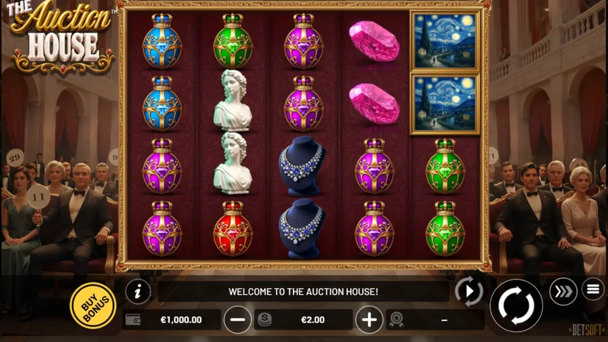 Tampilan antarmuka seluler slot The Auction House dengan tema lelang mewah